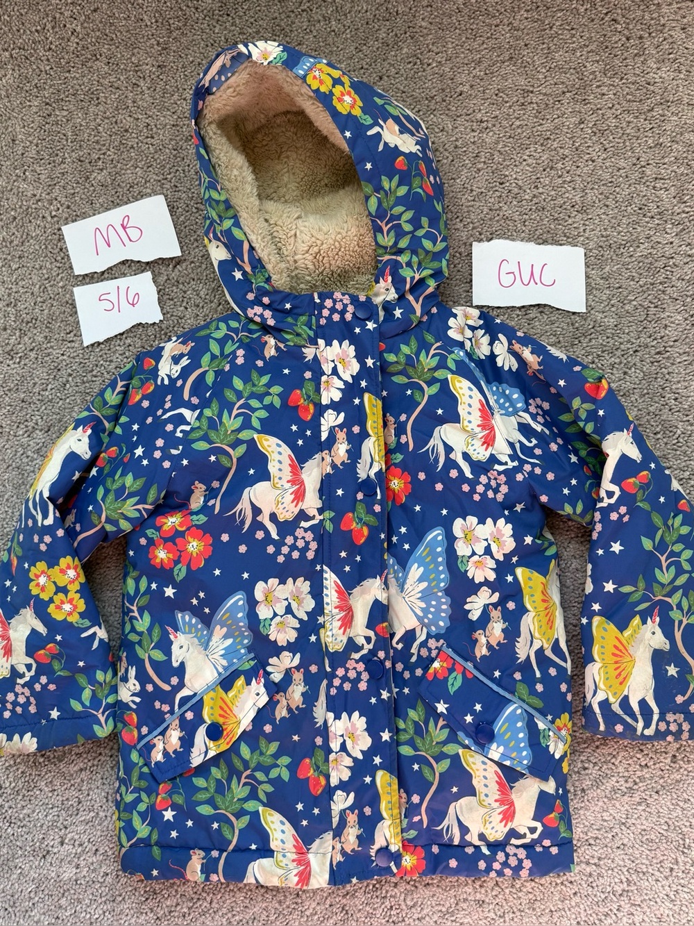 Mini Boden 5/6 Girls' Navy Floral Unicorn Hooded Winter Coat